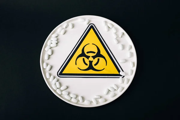 Top View Plate Pills Biohazard Symbol Isolated Black — Stock Photo, Image