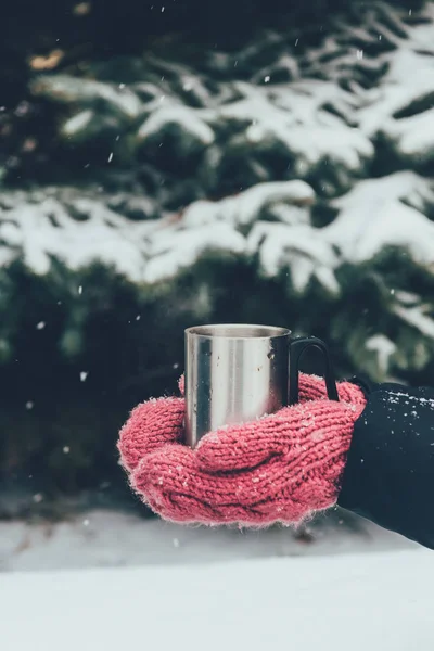 Tiro cortado de mulher segurando xícara de chá em mãos no dia de inverno — Fotografia de Stock