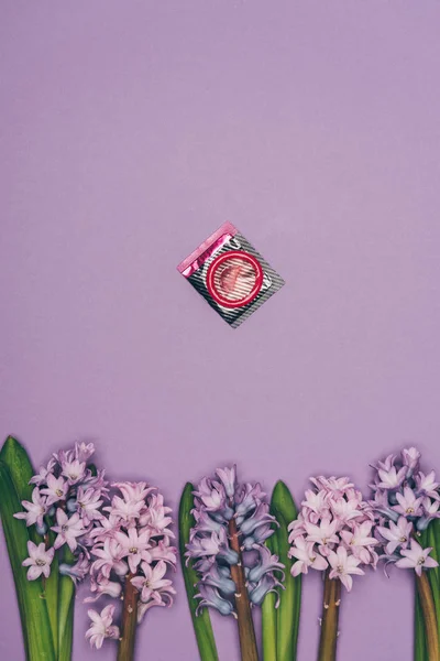 Top view of condom and arranged flowers isolated on purple — Stock Photo