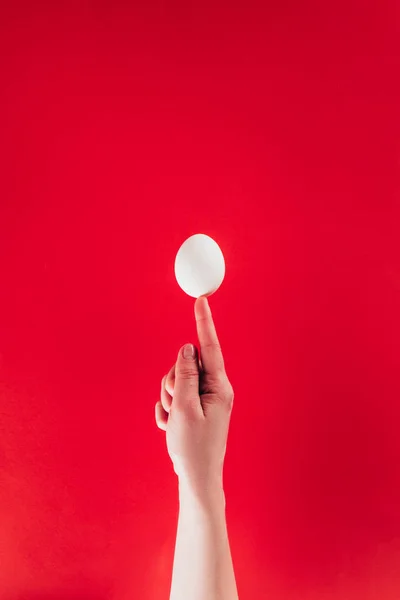 Partial view of woman holding raw chicken egg on finger isolated on red — Stock Photo