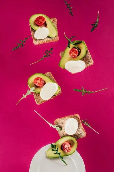 Vista de perto de torradas, pedaços de abacate, queijo mussarela e tomate cereja caindo no prato isolado em rosa — Fotografia de Stock
