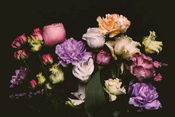 Close-up view of beautiful various blooming flowers isolated on black — Stock Photo