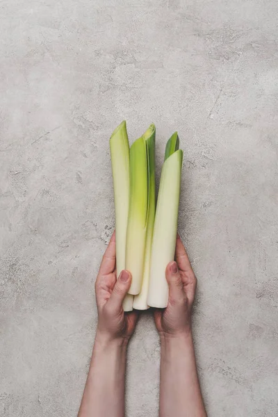 Cropped shot of person holding fresh healthy leeks on grey — Stock Photo