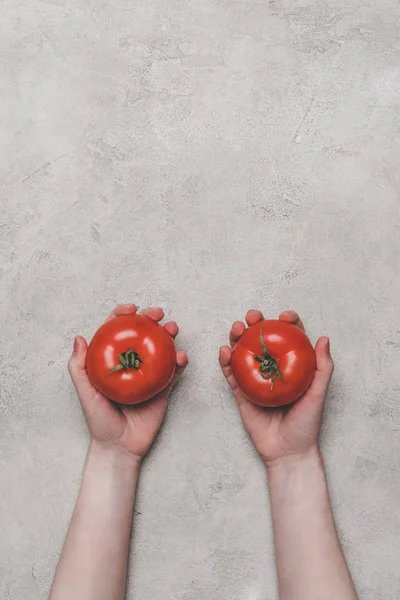 Tiro cortado de pessoa segurando tomates maduros frescos em cinza — Fotografia de Stock