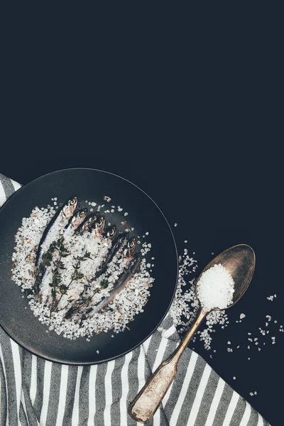 Frying pan with salted pile of fish, rosemary , spoon and towel isolated on black — Stock Photo