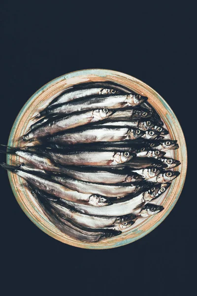 Vista dall'alto di mucchio di pesci su piatto isolato su nero — Foto stock