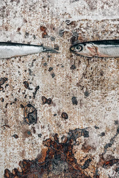 Vue partielle de deux petits poissons sur la surface rustique — Photo de stock