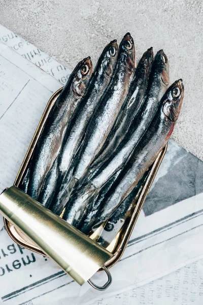 Top view of pile of fish in can on newspaper — Stock Photo