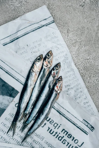 Top view of four fish on old newspaper — Stock Photo