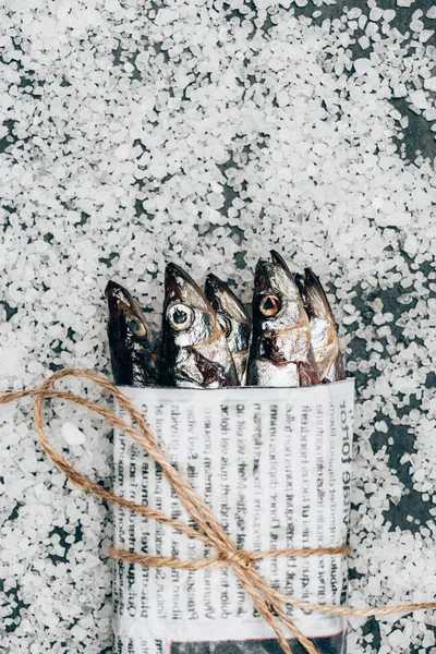 Вид сверху кучи рыбы в газете, завернутой в веревку, на поверхности, покрытой солью — стоковое фото