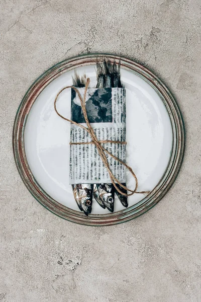 Top view of pile of fish in newspaper wrapped by string on plate — Stock Photo