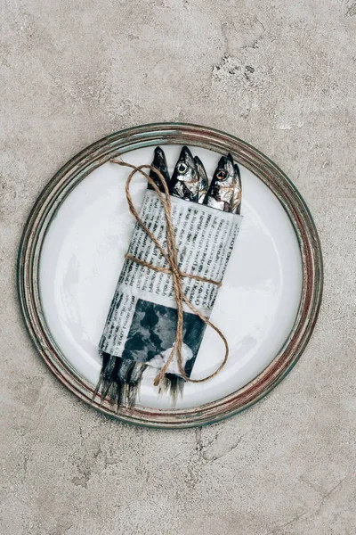Mucchio di pesce in giornale avvolto da spago su piatto — Foto stock