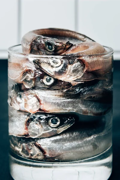 Frontansicht eines Haufens gesalzener Fische im Glas — Stockfoto