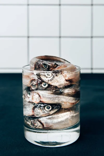 Вид спереди на груду соленой рыбы в стекле — стоковое фото
