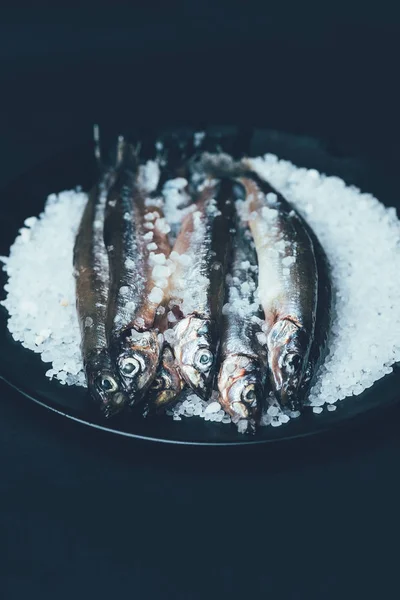 Primo piano di mucchio di pesce salato in padella isolata su nero — Foto stock