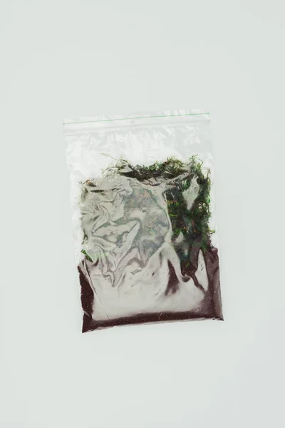 Top view of ziplock plastic bag with dried plants and soil isolated on white, earth day concept — Stock Photo
