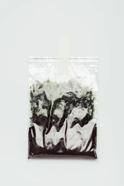 Plastic bag with soil hanging isolated on white, earth day concept — Stock Photo