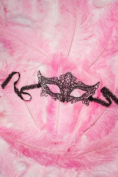 Black lacy mask on pink feathers — Stock Photo