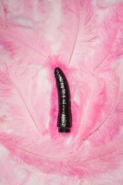 Black dildo toy on pink feathers — Stock Photo