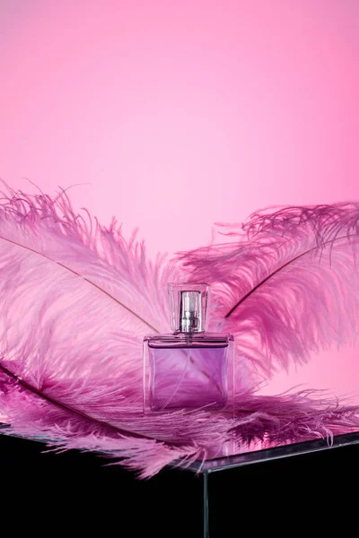 Una bottiglia di profumo di lusso con piume, su rosa — Foto stock