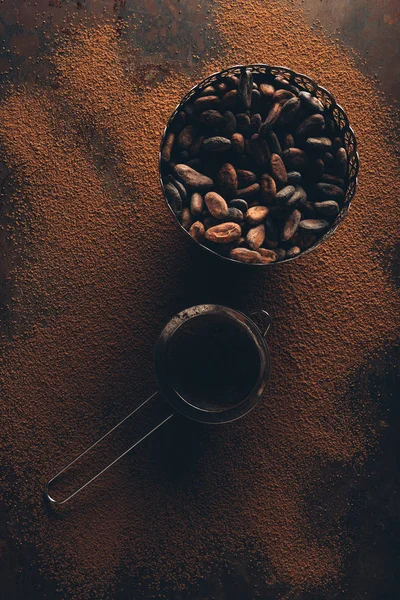 Top view of gourmet cocoa beans in vintage bowl and sieve on cocoa powder — Stock Photo