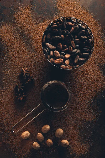 Vista superior de grãos de cacau gourmet em tigela vintage, peneira e anis estrelado em pó de cacau — Fotografia de Stock