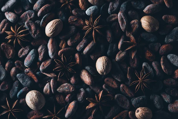 Full frame view of delicious cocoa beans and star anise background — Stock Photo