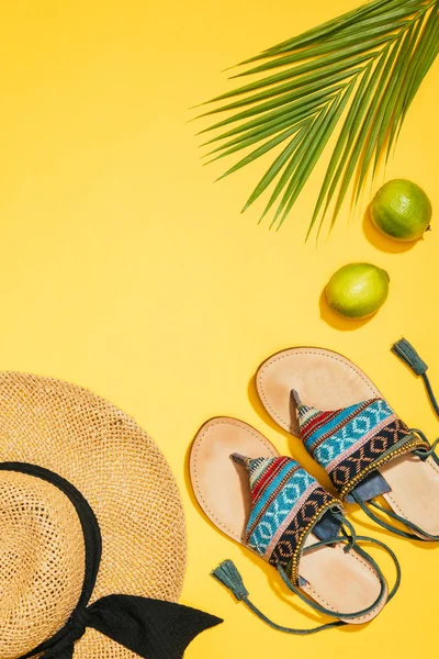 Vista superior de dos limas, hoja de palma, sandalias con estilo azul y sombrero de paja sobre fondo amarillo - foto de stock