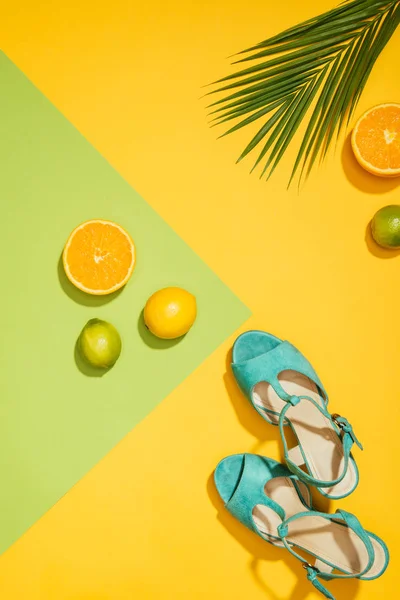 Vue du dessus de la feuille de palme, élégantes sandales plates-formes féminines bleues, citrons, citrons verts et tranches d'orange — Photo de stock