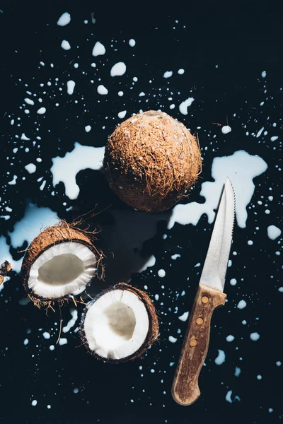 Ansicht von Kokosnüssen, Messer und Kokosmilch auf schwarz — Stockfoto