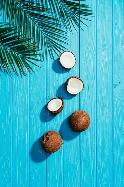 Vista superior de cocos enteros y agrietados y hojas de palma verde sobre mesa de madera turquesa - foto de stock