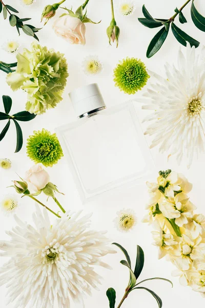 Vue du dessus du flacon de parfum entouré de fleurs et de branches vertes sur blanc — Photo de stock