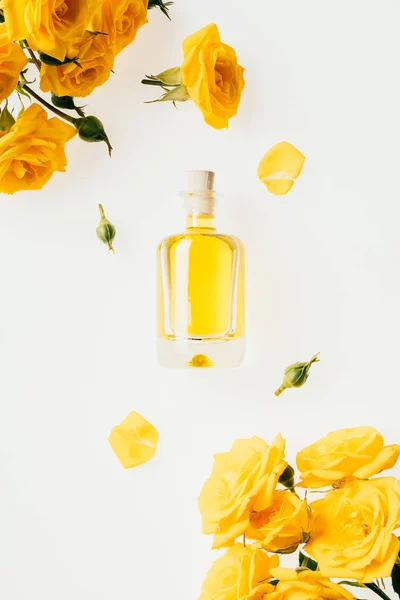 Vista superior de garrafa de vidro de perfume e rosas amarelas isoladas em branco — Fotografia de Stock