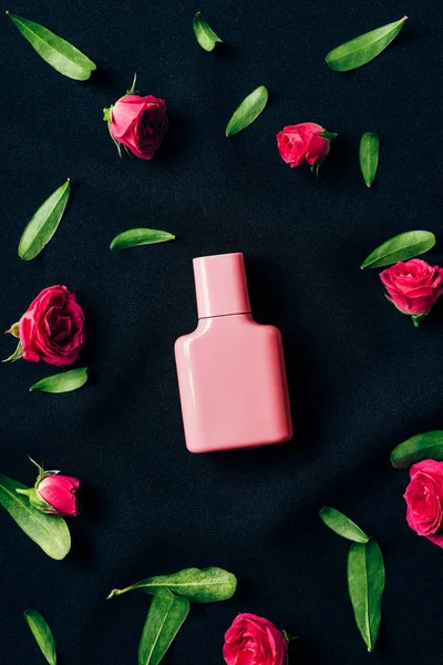 Vue du dessus de la bouteille de parfum avec des feuilles vertes et des boutons de rose autour sur noir — Photo de stock