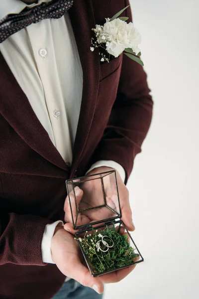 Partial view of groom in suit with buttonhole and wedding rings in box in hands — Stock Photo