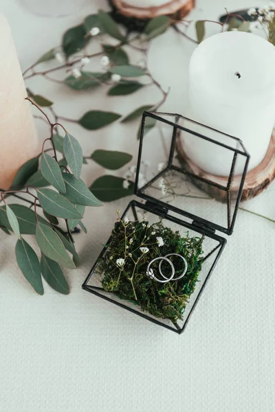 Vista de cerca de velas arregladas, anillos de boda en caja rústica con plantas en el interior - foto de stock