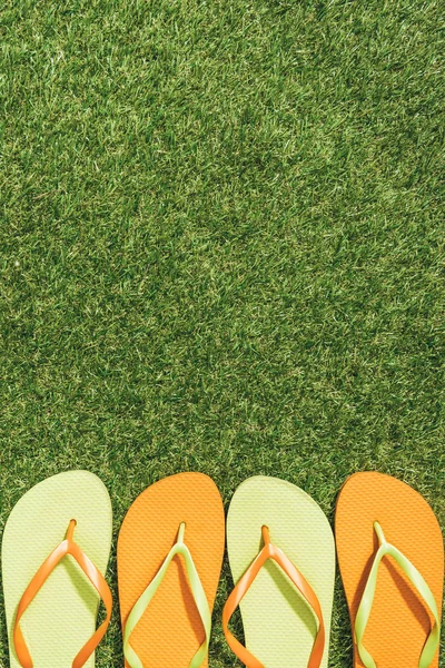 Вид сверху на зеленый и оранжевый шлепанцы на зеленом газоне — стоковое фото