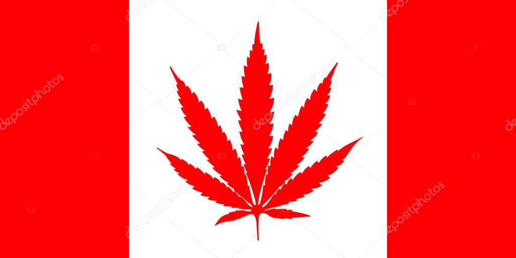 Canada flag red white cannabis leaf maple leaf place. Marijuana legalization vector illustration