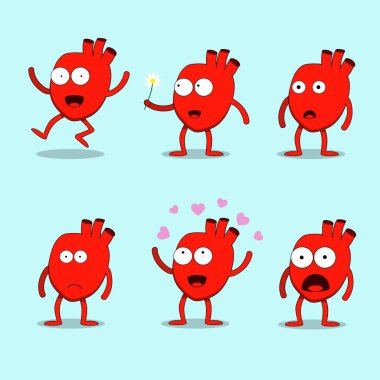 İçten kalp şirin maskot karakter Happy Valentine's day vektör çizim ayarlayın. Gülümseyen, sallayarak, mutlu, Zıplama, korkmuş, güzel
