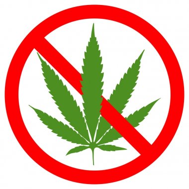 İşareti marihuana yaprağı glif simgesi yasak. Siluet simge durdurmak. Hiç esrar. Negatif alan. Vektör illüstrasyon kırmızı daire yeşil yaprak beyaz arka plan izole