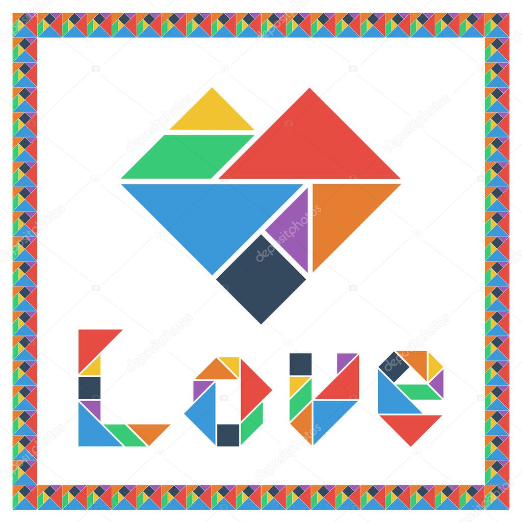 Tangram brain game HEART with text LOVE flat UI color Happy Valentine's Day vector illustration
