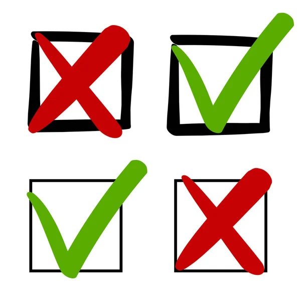 緑のチェック マークとチェック ボックスの赤い十字のベクトルのイラスト セット 手描きのシンボル アイコン — ストックベクタ