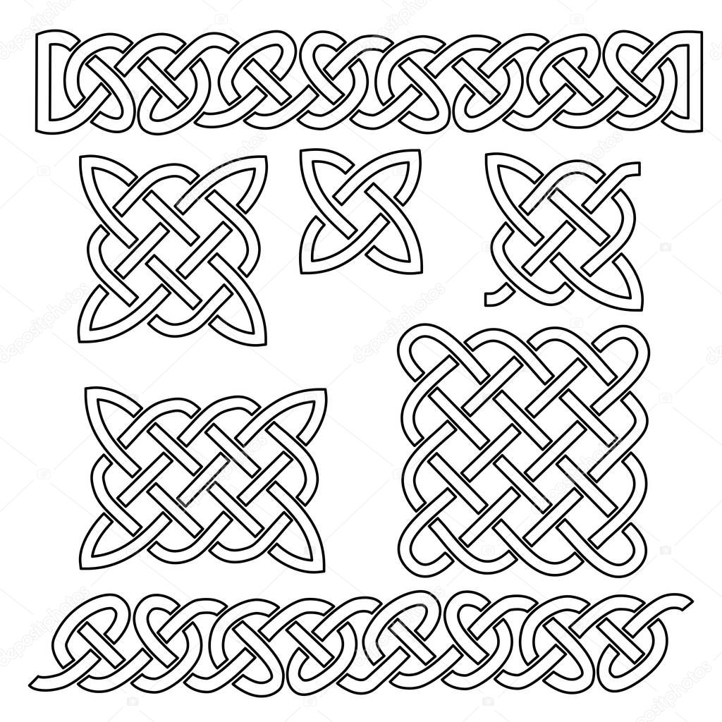 Set of celtic knot patterns and celtic elements. Vector illustration, white, infinite, knitted.
