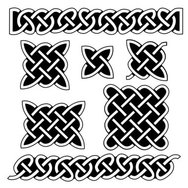 Celtic knot desenleri ve siyah arka plan üzerine Kelt öğeleri kümesi. Vektör çizim, beyaz, sonsuz, örme.