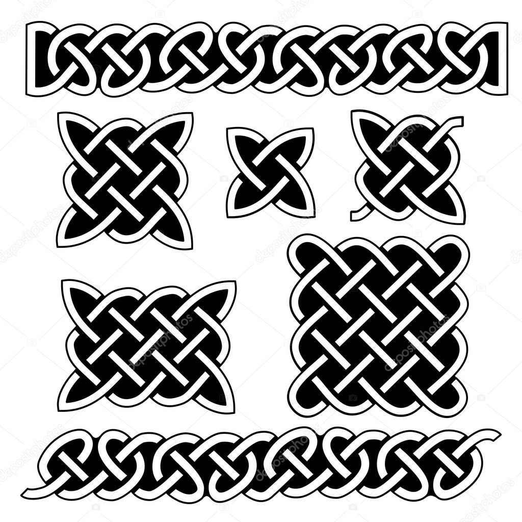 Set of celtic knot patterns and celtic elements on black background. Vector illustration, white, infinite, knitted.