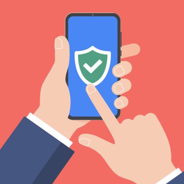 El ile onay işareti Ok işaretçi finge siyah cep telefonu tutarak