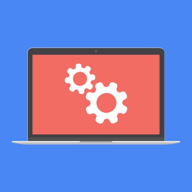 Modern aygıt - dizüstü bilgisayar, bilgisayar ya da netbook pc düz çizmek ile vites ekran simge vektör çizim üzerinde. Bakım üzerinde mavi arka plan izole ekran üzerinde klavye teknoloji kavramı