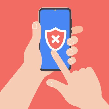 İzole kırmızı zemin üzerine siyah cep telefonu tutan el. İnsanın el x ile Smartphone işaretlemek Hayır kalkan ve işaret parmağı işaretçi dokunmatik ekran düz tasarım vektör çizim