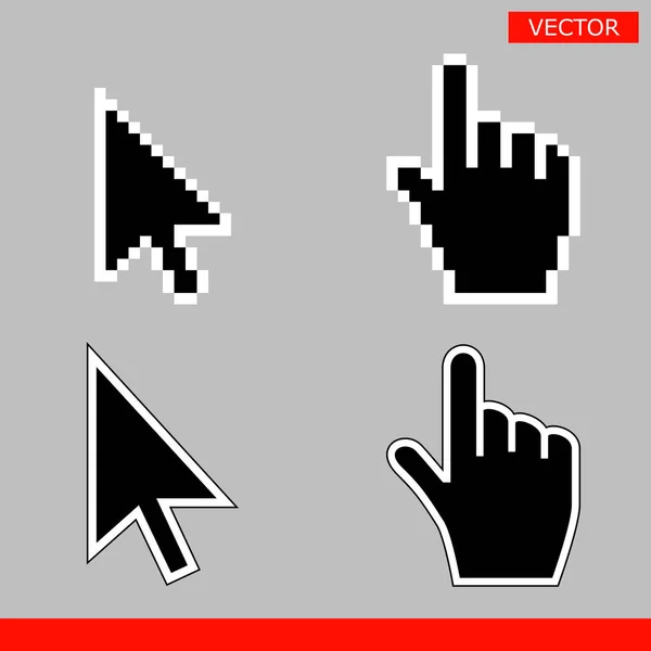 Fekete nyíl és a mutató kéz kurzor ikon készlet. Képpont, és kurzor jelek modern változata. Szimbólumok irányát és érint a linkeket, és nyomja meg a gombokat. Elszigetelt szürke háttér vektor illusztráció — Stock Vector