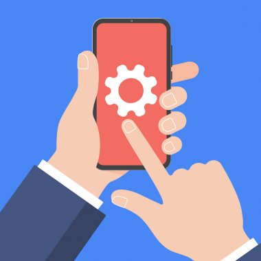 Üzerinde mavi arka plan izole ekranda siyah cep telefonu dişli ile tutan el. İnsan'ın el ve işaret parmağı işaretçi Smartphone Dokunmatik ekran düz tasarım vektör çizim
